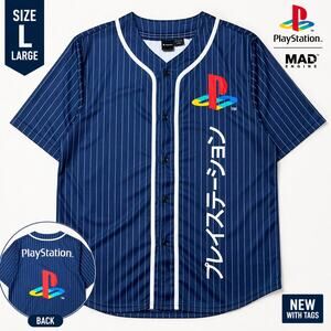 PlayStation Jersey Size Large Blue Pinstripe Button Up Gaming NWT Sony PS Shirt